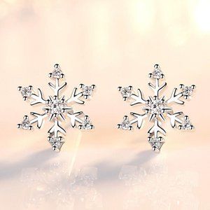 Silver Plated Diamond Zircon Snowflake Flower Stud Earrings Women's Party Gift